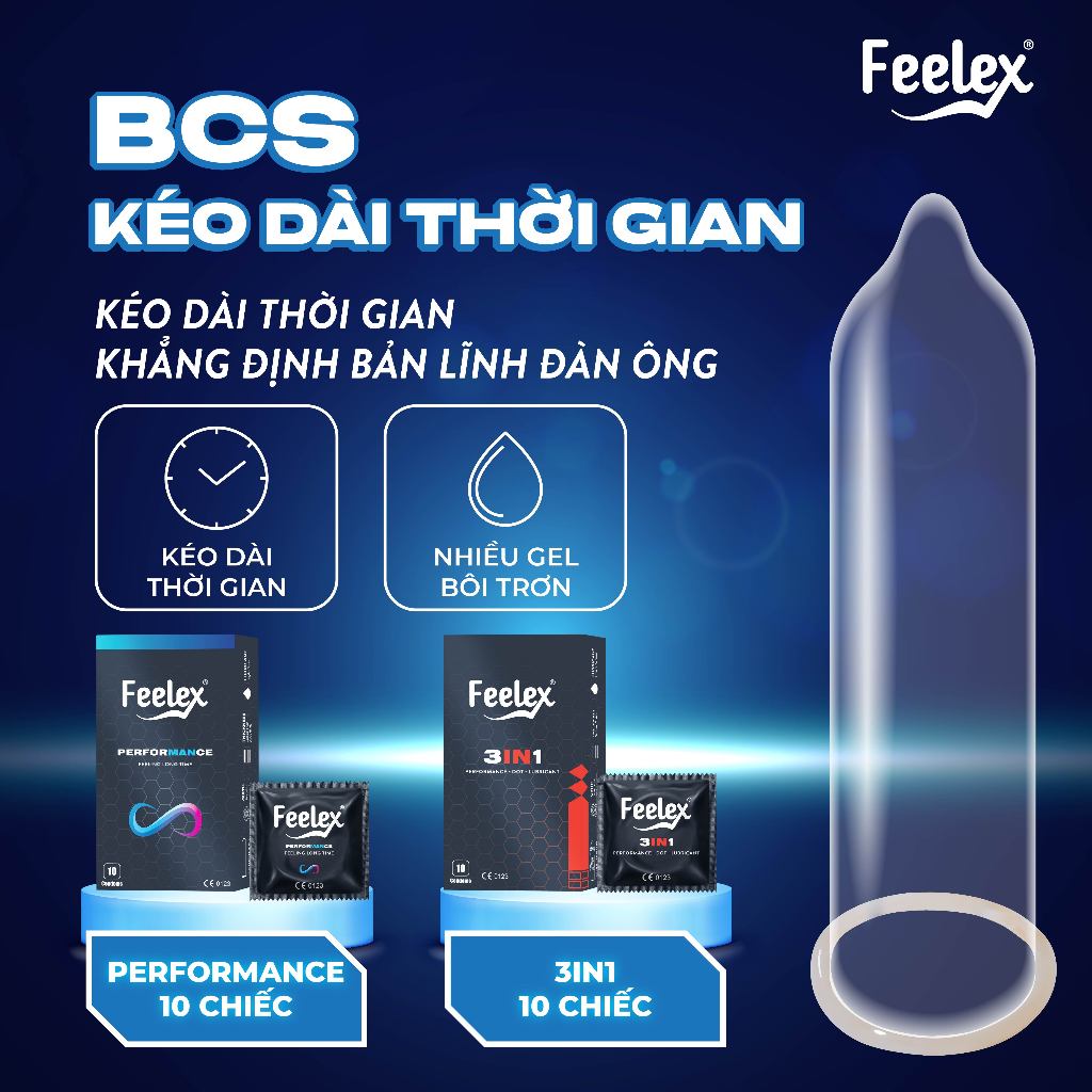 Bao cao su Feelex siêu mỏng, kéo dài thời gian, gân gai, nhiều gel bôi trơn - Hộp 10 bcs