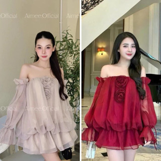   Tặng quần bí- SẴN   ROSE DRESS - Đầm thiết kế trễ vai dự tiệc đính hoa đôi dài ta sang chảnh 