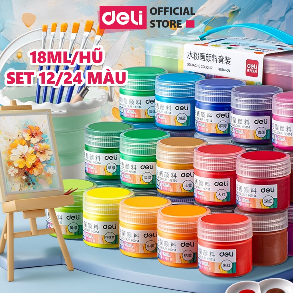 [TẶNG CỌ VẼ] Set Màu Nước Gouache 18ML Cao Cấp Deli 12/24 Màu - Chồng Màu Tốt Màu Poster Vẽ Mọi Chất