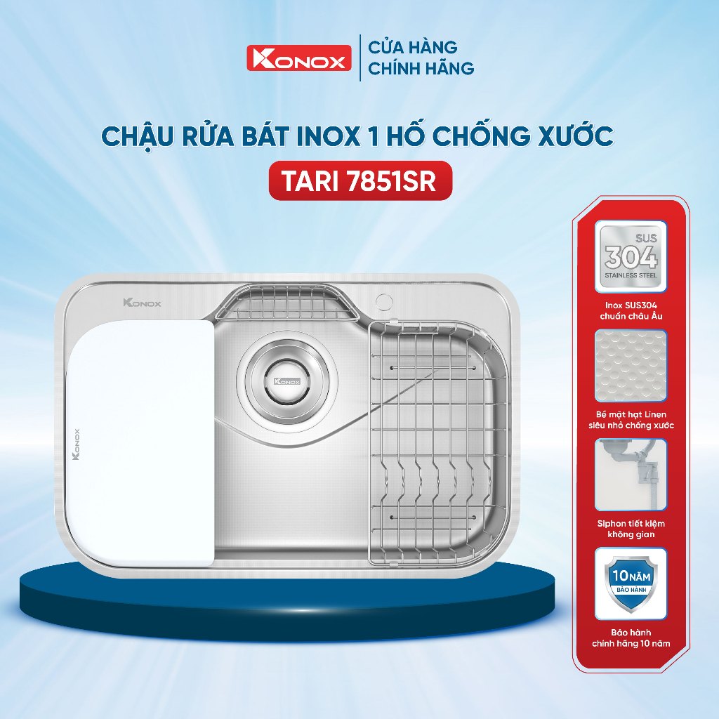 Chậu rửa bát inox 1 hố Konox TARI 7851SR phong cách Nhật bề mặt HẠT - Bảo hành 10 năm
