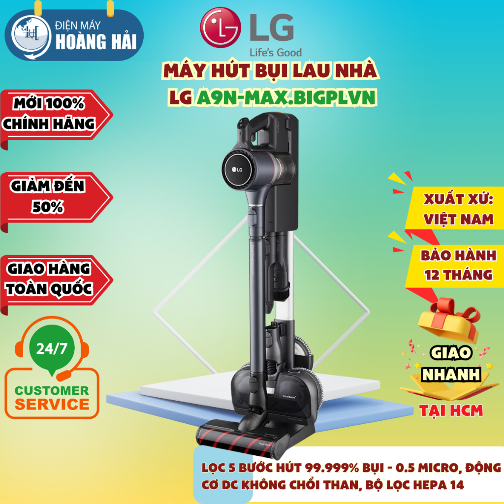 A9N-MAX.BIGPLVN Máy hút bụi lau nhà LG A9N-MAX.BIGPLVN, pin 14 - 100p,hộp bụi 0.44 lít, nước 0.2 lít