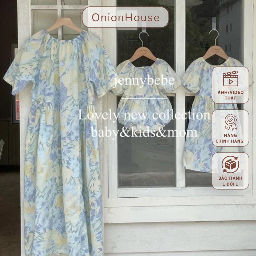 [SET MẸ BÉ] Bodysuit, đầm mẹ, đầm bé gái jenny bebe xanh tím cúc gỗ
