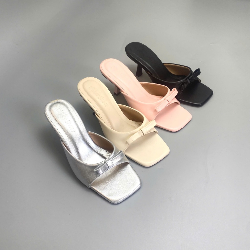 Cao gót mũi vuông hồng đính nơ gót nhọn sandal cao gót nữ màu hồng  - Nhi ngố shoes