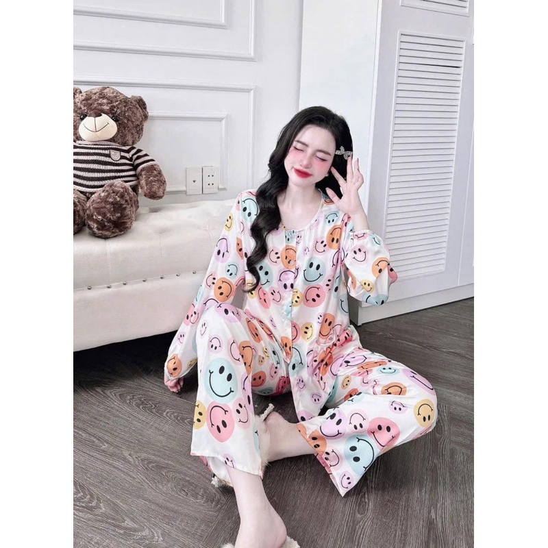 Bộ đồ ngủ Pijama - Tay dài quần dài cổ tròn - Lụa Latin tơ tằm
