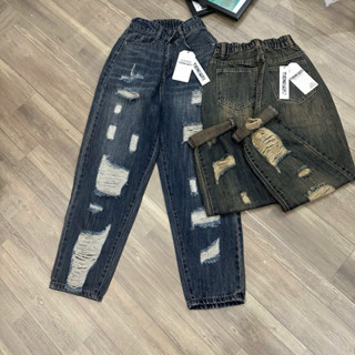  TIENSTYLE - Quần Baggy Lưng Chun Thun Rách Nhiều Phom Lửng 95CM Quần Boy Thụng Màu Bụi Xanh Quần jean nữ Bigsize 