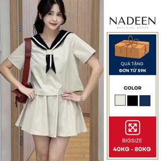 Set đồ nữ BIGSIZE áo cộc tay cổ phối vạt khăn thủy thủ kèm chân váy ngắn xòe 1906