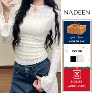 Áo len nữ NADEEN áo ren họa tiết tay loe dáng ôm phối nơ ngực phong cách Hàn Quốc 3943