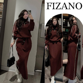 Bộ nỉ nữ, set thu đông nữ áo sweater croptop cổ polo phối chân váy suông dáng dài màu đỏ phối line trắng Fizano HCOM3640