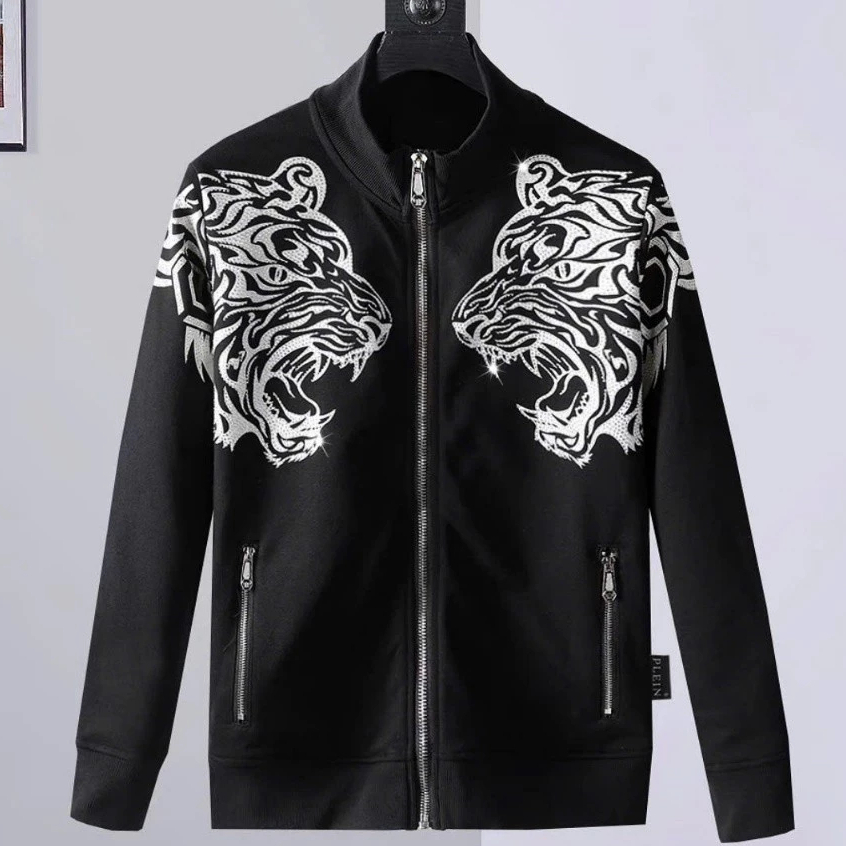 Áo Bomber Hổ Trắng Đính Đá Philip,  Áo Khoác Nỉ Logo  Dày Dặn Dáng Rộng Nam Nữ