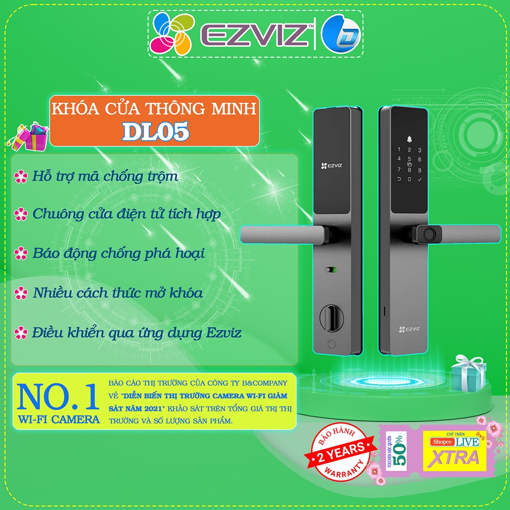 Bao lắp đặt - Khóa cửa thông minh Ezviz DL05, vân tay, cảm ứng, mật mã, thẻ, chính hãng