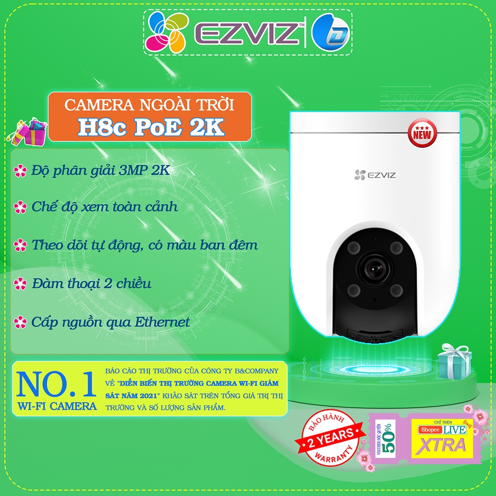 Camera có POE, Ezviz H8C PRO 3MP 2K, chính hãng, báo động, màu đêm