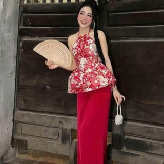 * Set bộ thời trang nữ mạc đi chơi chất gấm cổ yếm có lót trong không tay thân sau chạ smocking in hoa quần ống rộng