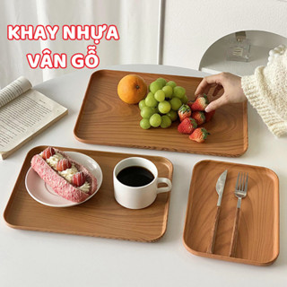 Khay nhựa vân gỗ trang trí bàn uống nước, Khay nhựa đựng đồ ăn decor MYHOME