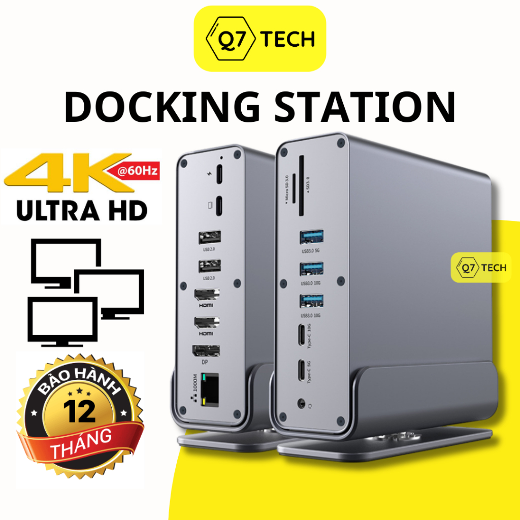 Hub type C - Docking station laptop macbook, HDMI DP 4K 60Hz thunderbolt, USB 3.0 LAN 1Gbps, Q7 Tech