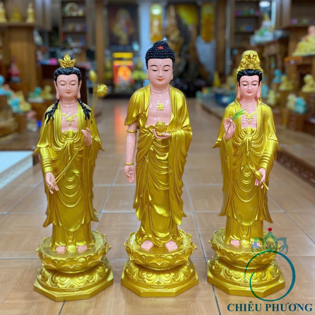 Tôn Tượng Tây Phương Tam Thánh Đứng 70cm Vàng Vẽ Nhựa Composite