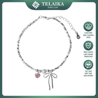 Lắc tay bạc nữ TELAIKA JEWELRY đính đá cao cấp, vòng tay nơ treo hạt đá trang sức bạc ý 925 VT03
