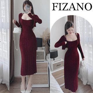  Set váy nữ đầm nữ váy 2 dây body mix cardigan dáng ngắn chât len lông thỏ màu đỏ noel siêu hot Fizano HCOM3648 