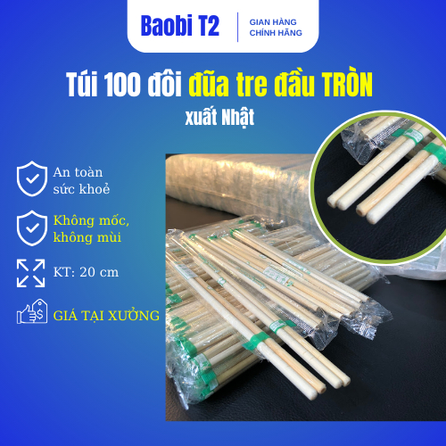 Sỉ 100 Đôi Đũa TRE, Đũa Gỗ Vát Đầu Tròn, Loại Đẹp Dùng 1 lần HÀNG XUẤT KHẨU - BaoBiT2