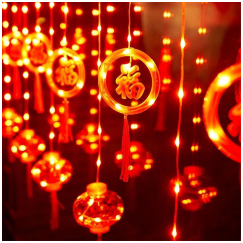 Đèn rèm lồng đèn trang trí Tết may mắn tài lộc, dây đèn rèm trang trí thả màn chữ Xuân, Phúc lộc