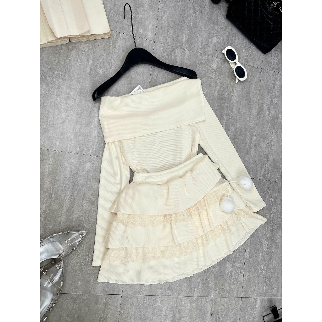 Set váy nữ - Áo len trễ vai mix với chân váy nhiều tầng thắt nơ ngang vai phong cách bánh bèo dễ thương Gin62 G145 | BigBuy360 - bigbuy360.vn