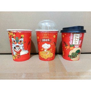 Ly giấy Tết, Ly giấy Xuân 2025, Ly 360ml - 14oz, Set 100 cái kèm nắp, mẫu Lân Đỏ