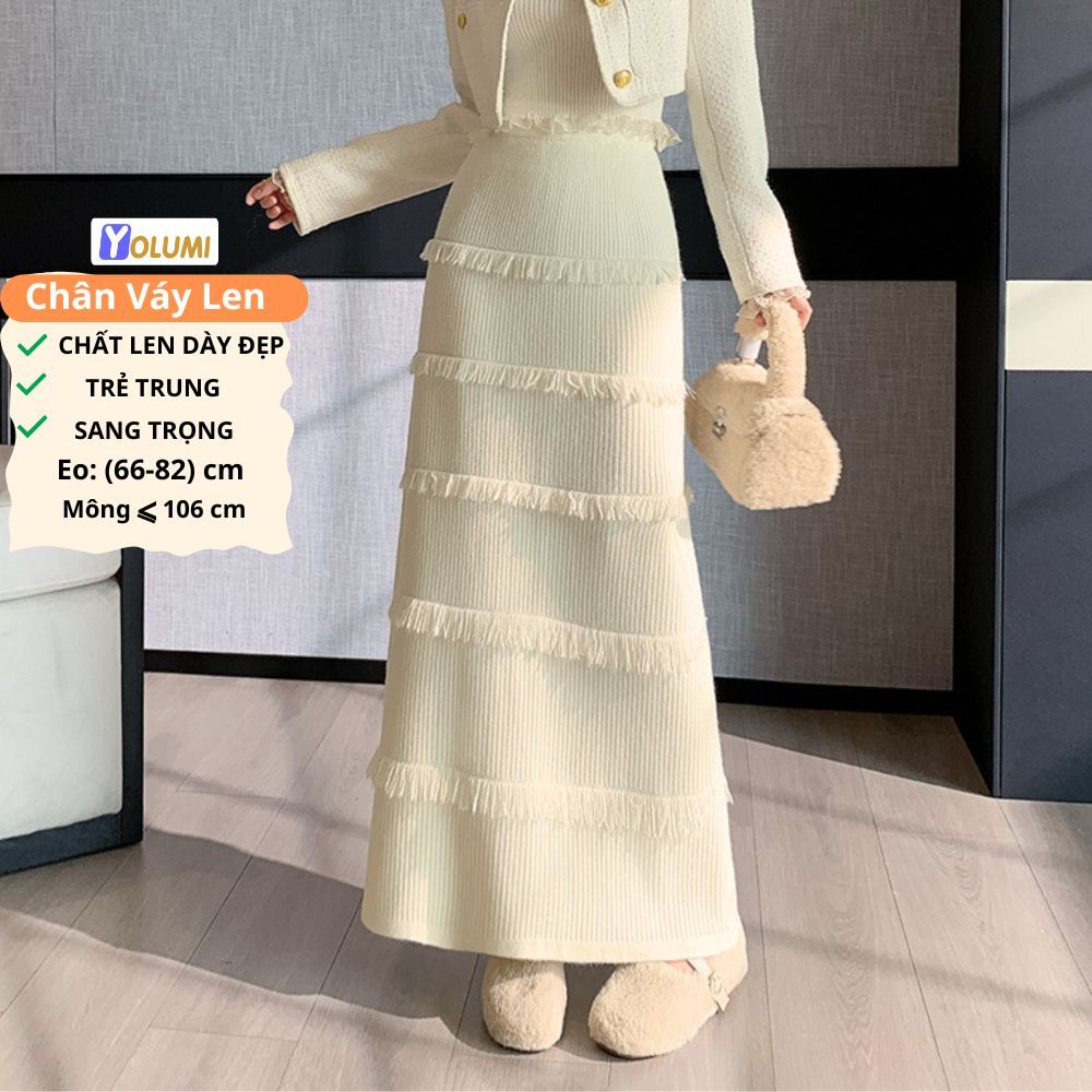  Chân Váy Len Dài Váy Chữ A Lưng Cao Thu Đông Cao Cấp Phối Tua Rua Trẻ Trung YOLUMI 