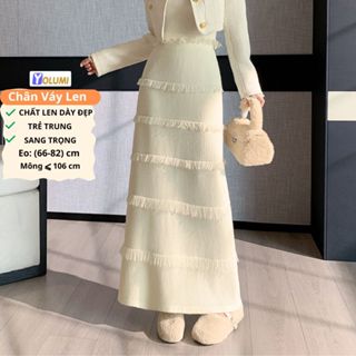  Chân Váy Len Dài Váy Chữ A Lưng Cao Thu Đông Cao Cấp Phối Tua Rua Trẻ Trung YOLUMI 