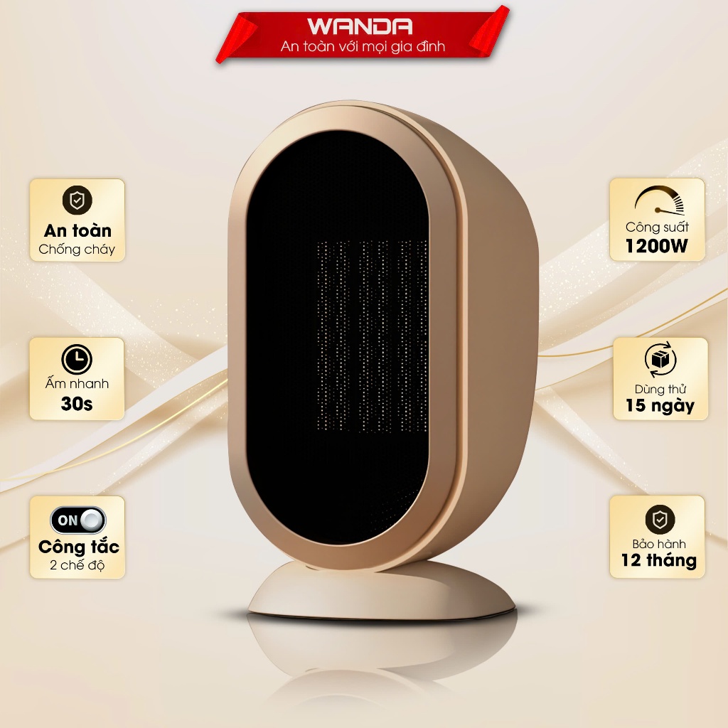 Máy Sưởi Mini WANDA sử dụng công nghệ gốm PTC,Công suất 1200w làm ấm thông minh,tản nhiệt đều