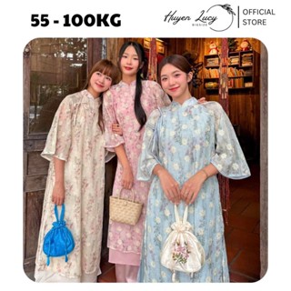 Set áo dài cách tân nữ bigsize hoa cúc Bạch Vũ đính cúc bọc xinh xắn thanh lịch hot trend Huyền Lucy Bigsize