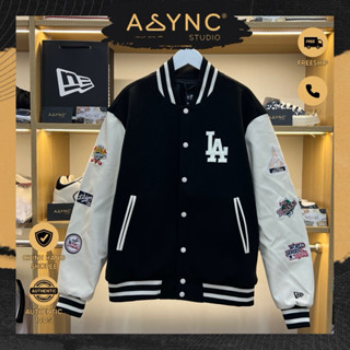 (Auth) Áo Khoác Varsity Bomber Nỉ New Era x MLB LA Dodgers Thân Dạ Tay Da Lót Bông Màu Đen CODE 14397939 - Async Studio