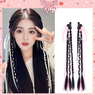 Tóc giả thắt bím dài 45cm dạng kẹp phối ruy băng Koty, tóc tết giả thắt bính cho nữ y2k T457