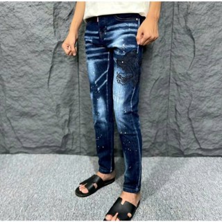 Quần jean nam DSQ 4 cúc xanh phố họa tiết thêu hổ đen vẩy sơn xịn phong cách thời trang cao cấp