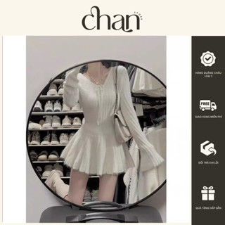  Váy len trắng dài tay dáng ngắn xoè phong cách hàn quốc M2002 