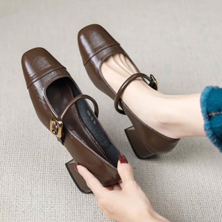 Giày Nữ Lolita Miu Da Mềm Xịn Đế 5 Phân,Giày sandal cao gót vá mũi quai cài khuy vuông LT34