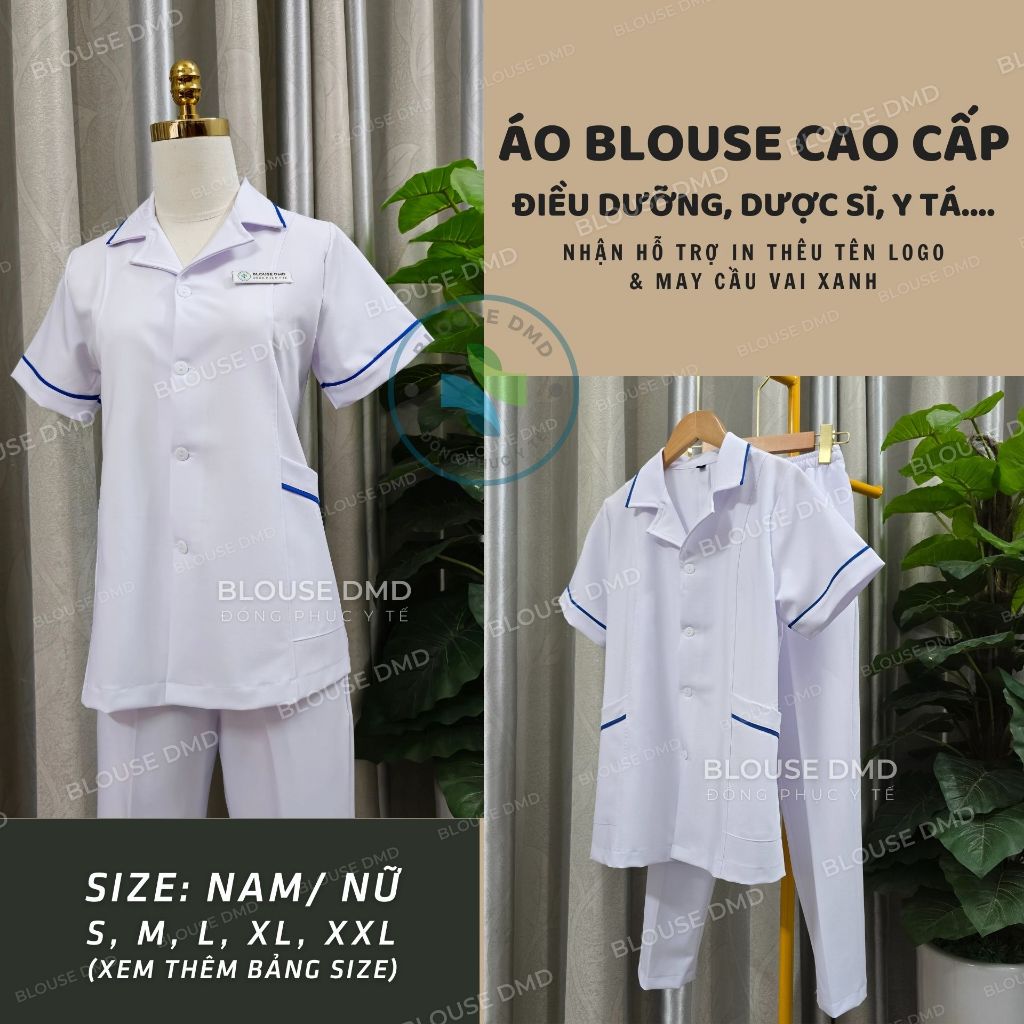 Bộ blouse trắng Điều dưỡng, Dược sĩ, Y tá, Thực tập sinh nam nữ cộc tay có VIỀN xanh dương