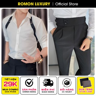 Combo quần âu nam cạp cao sidetab 2 khuy + Áo sơ mi nam đai vai Hàn Quốc  - Quần tây nam cao cấp Romon Luxury smd m66
