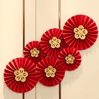 Set 6 Quạt Giấy Đỏ Trang Trí Tết 2025 Dán Tường Kèm Họa Tiết