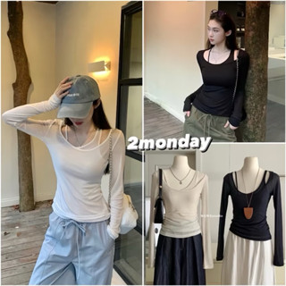 Áo Thun Dài Tay Nữ Cổ Vuông 2 Lớp Phối rời Dây Lệch Dáng Ôm Body Áo Phông Nữ Dài Tay Chất Tăm - 2in1