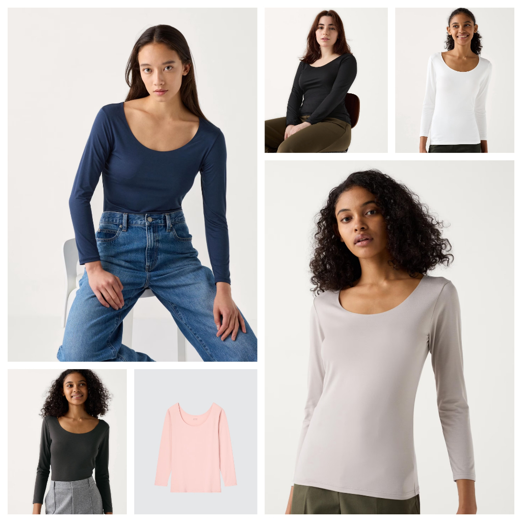 (U.N.I tag Nhật) Nữ - Áo giữ nhiệt/ HEATTECH cổ thuyền (cổ rộng U) dài tay - HEATTECH SCOOP (U NECK)