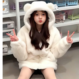 Áo Khoác Nữ Trần Lông Mũ Tai gấu Trắng Siêu Cute Đẹp - Áo Lông Thỏ Trần 2 lớp Bông dày dặn Mịn màng Cực ấm Áp Cho nữ