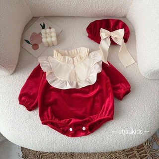   4-12kg  Set Váy Body Đỏ Cổ Bèo Tiểu Thư Xinh Xắn Kèm Mũ Viền bèo cho bé mặc tết váy thôi Nôi váy đầy tháng 