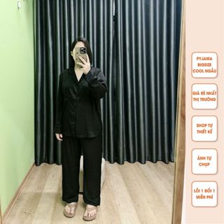 Bộ đồ Pyjama bigsize màu đen tay dài chất lụa xước đũi vân gỗ Tô Châu ko nhăn dành cho nữ, mẹ bầu sau sinh 40 - 90kg