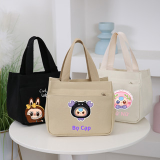 Túi vải canvas đựng mỹ phẩm hộp cơm văn phòng đa năng nhiều hoạ tiết Labubu màu sắc đơn giản sức chứa lớn