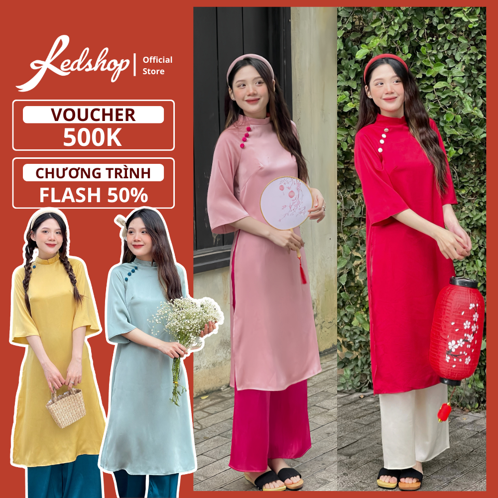 Set áo dài cách tân lụa trơn cúc bọc, Áo dài nhóm, Áo dài học sinh RED design 40012