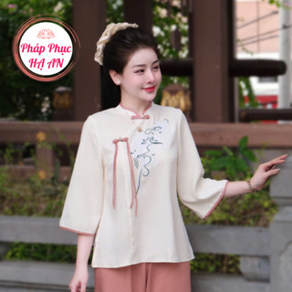 Set đồ lam nữ cổ tàu thêu hoa đũi thái Pháp phục đi chùa nữ tay lỡ cách điệu Đồ lam lễ chùa tiểu thư đũi thanh lịch