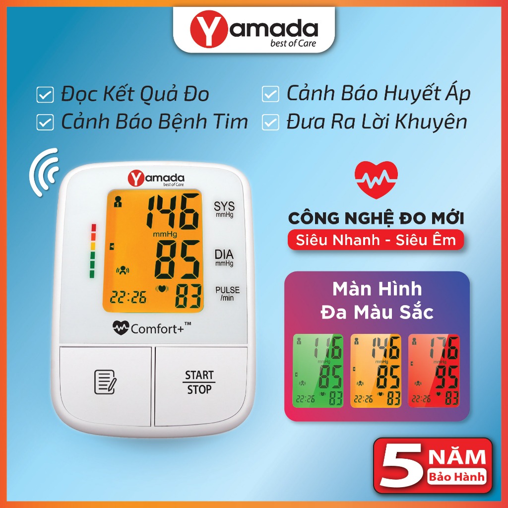 Máy đo huyết áp điện tử Yamada 6191 - Giọng nói tiếng Việt, Màn hình đa màu, Đo siêu nhanh Comfort+