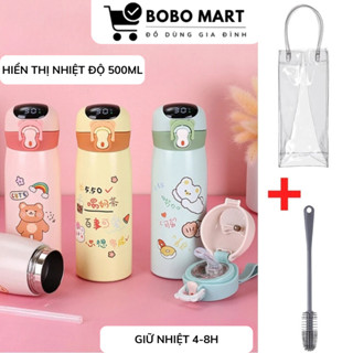  Bình giữ nhiệt cho bé hiển thị nhiệt độ tem gấu dung tích 500ml chất liệu inox 316 tặng túi đựng trong suốt và cọ bình 