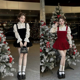 [V1.877] Váy Nhung Dáng Bí Hàng 2 Lớp Phối Ren Lông Thỏ Mềm 2 Màu Kèm Tang Đá Và Quần Đùi Rời