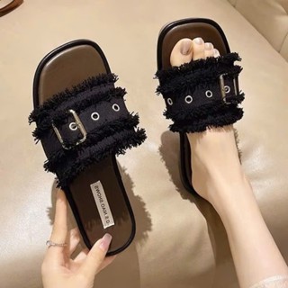 Dép lê nữ thời trang quai ngang kiểu bệt đế thấp mũi vuông quai vải tua rua phong cách girl phố sang chảnh-giày dép 555