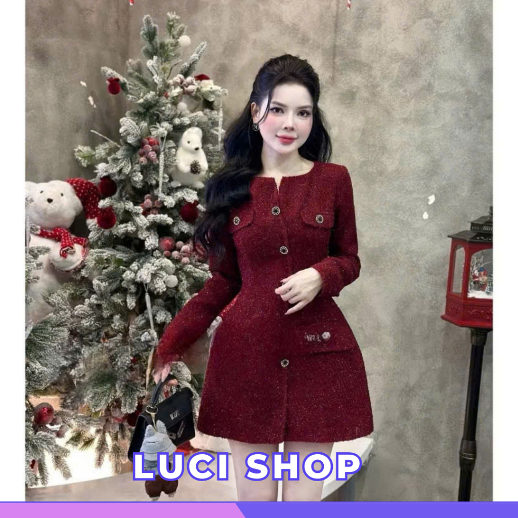  Đầm dạ tweed tay dài dáng ngắn cổ tròn bling bling Đầm váy dạ kim tuyến tiểu thư chiết eo sang chảnh siêu tôn dáng 